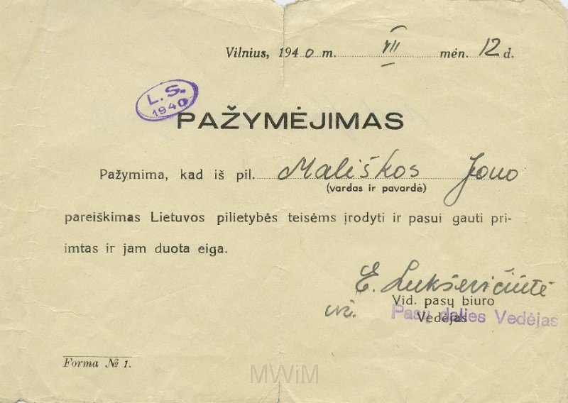 KKE 5454.jpg - (litewski) Dok. Zaświadczenie potwierdzające obywatelstwo litewskie dla Jana Małyszko, Wilno, 12 VII 1940 r.